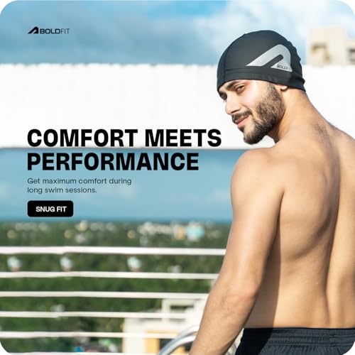 Boldfit Swimming Cap for Men PU Swimming Caps for Women Unisex Swim Cap for Boys, Girls Swimming Cap for Women Long Hair Swimming Head Cap Men Swim Cap Easy Fit - Black - Image 3