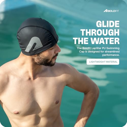 Boldfit Swimming Cap for Men PU Swimming Caps for Women Unisex Swim Cap for Boys, Girls Swimming Cap for Women Long Hair Swimming Head Cap Men Swim Cap Easy Fit - Black - Image 4