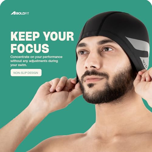 Boldfit Swimming Cap for Men PU Swimming Caps for Women Unisex Swim Cap for Boys, Girls Swimming Cap for Women Long Hair Swimming Head Cap Men Swim Cap Easy Fit - Black - Image 7