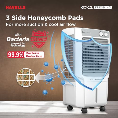 Havells KoolFresh 43 L Personal Air Cooler for Room|Powerful Air-Delivery|Dual Flow Technology|Fan & 3 Side Bacteria Shield Honeycomb Pads|Ice Chamber|Fully Collapsible Louvers|Front Wheel with Brakes - Image 4