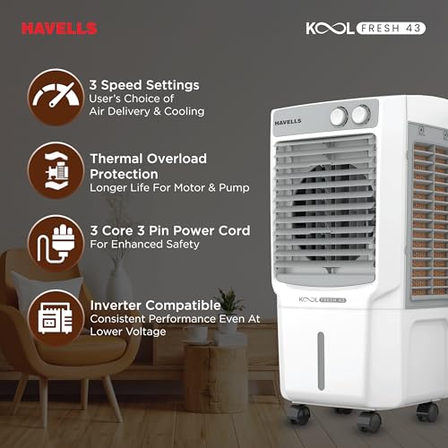 Havells KoolFresh 43 L Personal Air Cooler for Room|Powerful Air-Delivery|Dual Flow Technology|Fan & 3 Side Bacteria Shield Honeycomb Pads|Ice Chamber|Fully Collapsible Louvers|Front Wheel with Brakes - Image 7