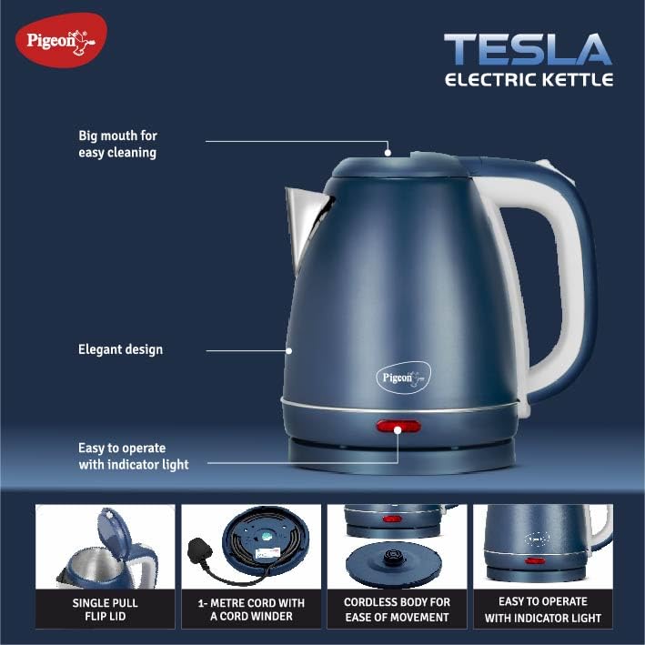 Pigeon Tesla Electric Kettle 1.5 L, 1300 Watt, Stainless Steel Body with Auto Shut-off Feature Used for Boiling Water - (Matt Blue) - Image 4