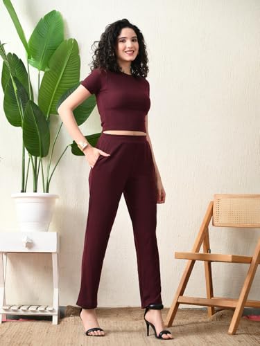 Maroon Ribbed Co-ord Set | Round Neck Crop Top with High Waist Pant - Image 2