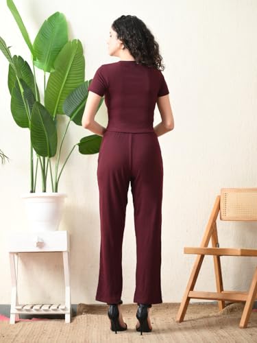 Maroon Ribbed Co-ord Set | Round Neck Crop Top with High Waist Pant - Image 3