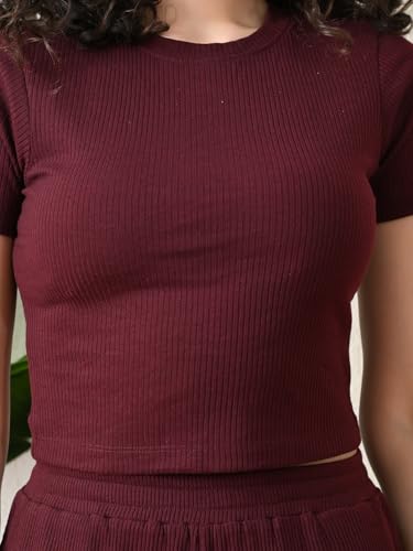 Maroon Ribbed Co-ord Set | Round Neck Crop Top with High Waist Pant - Image 4