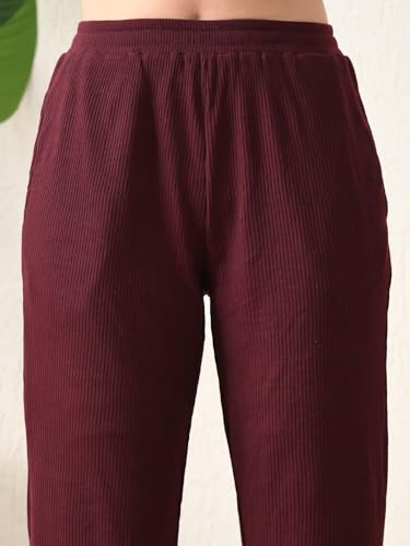 Maroon Ribbed Co-ord Set | Round Neck Crop Top with High Waist Pant - Image 6