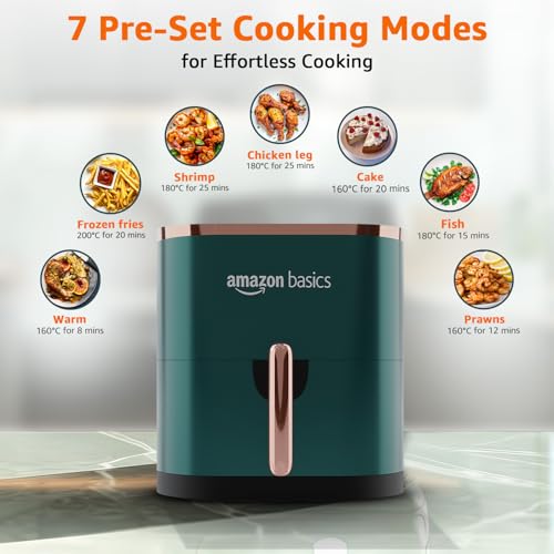 Amazon Basics 3.5L Electric Air Fryer | 1200 W | Temp. Settings Up to 200°C | 7 Pre-set Options | 360° High Speed Air Circulation | Non-Stick Coated | Touch Control Display | 1 Year Warranty (Green) - Image 5