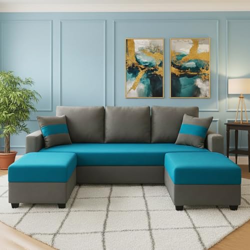 Furny Aurland 3 Seater Fabric Sofa Set with 2 Ottomans (Aqua Blue-Dark Grey) | Soft Velvet Fabric | Modern Design | Comfortable Seating | Living Room Furniture