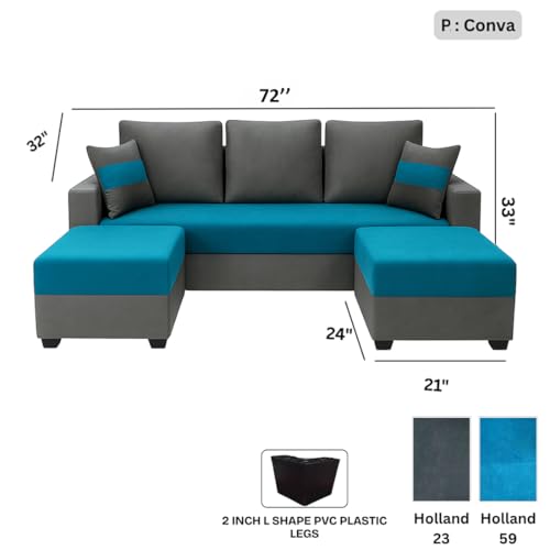 Furny Aurland 3 Seater Fabric Sofa Set with 2 Ottomans (Aqua Blue-Dark Grey) | Soft Velvet Fabric | Modern Design | Comfortable Seating | Living Room Furniture - Image 2