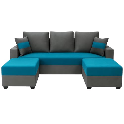 Furny Aurland 3 Seater Fabric Sofa Set with 2 Ottomans (Aqua Blue-Dark Grey) | Soft Velvet Fabric | Modern Design | Comfortable Seating | Living Room Furniture - Image 3
