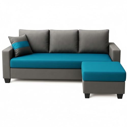 Furny Aurland 3 Seater Fabric Sofa Set with 2 Ottomans (Aqua Blue-Dark Grey) | Soft Velvet Fabric | Modern Design | Comfortable Seating | Living Room Furniture - Image 4