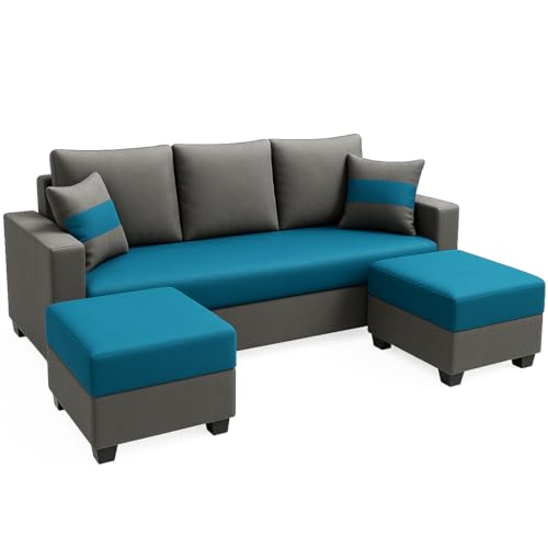 Furny Aurland 3 Seater Fabric Sofa Set with 2 Ottomans (Aqua Blue-Dark Grey) | Soft Velvet Fabric | Modern Design | Comfortable Seating | Living Room Furniture - Image 5