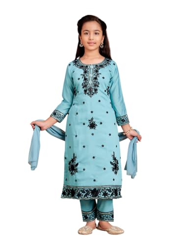 Aarika Girls Ethnic Wear Sea Green Colour Thread Sequin Embroidery Kurti Pant Set With Dupatta