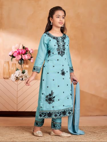 Aarika Girls Ethnic Wear Sea Green Colour Thread Sequin Embroidery Kurti Pant Set With Dupatta - Image 2
