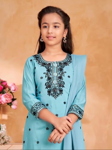 Aarika Girls Ethnic Wear Sea Green Colour Thread Sequin Embroidery Kurti Pant Set With Dupatta - Image 5