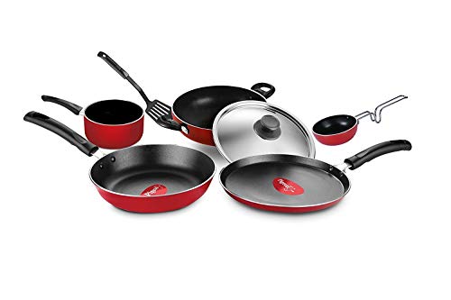 Pigeon Favourite 7 Piece Gift Set Non-Stick Coated Comes with Fry Pan, Kadhai, Lid, Sauce Pan, Spatula, Tadka Pan and a Tawa - Gas Stove Compatible (Red)