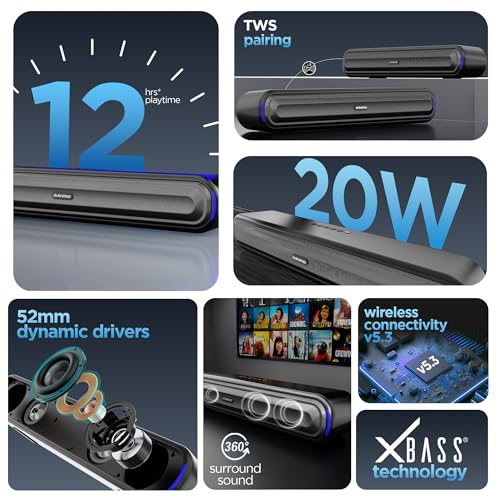 Dubstep Move 200 with 12 Hrs Playtime, 52mm Dynamic Driver, TWS Pairing, 20 W Bluetooth Soundbar (Black, 2.0 Channel) - Image 4