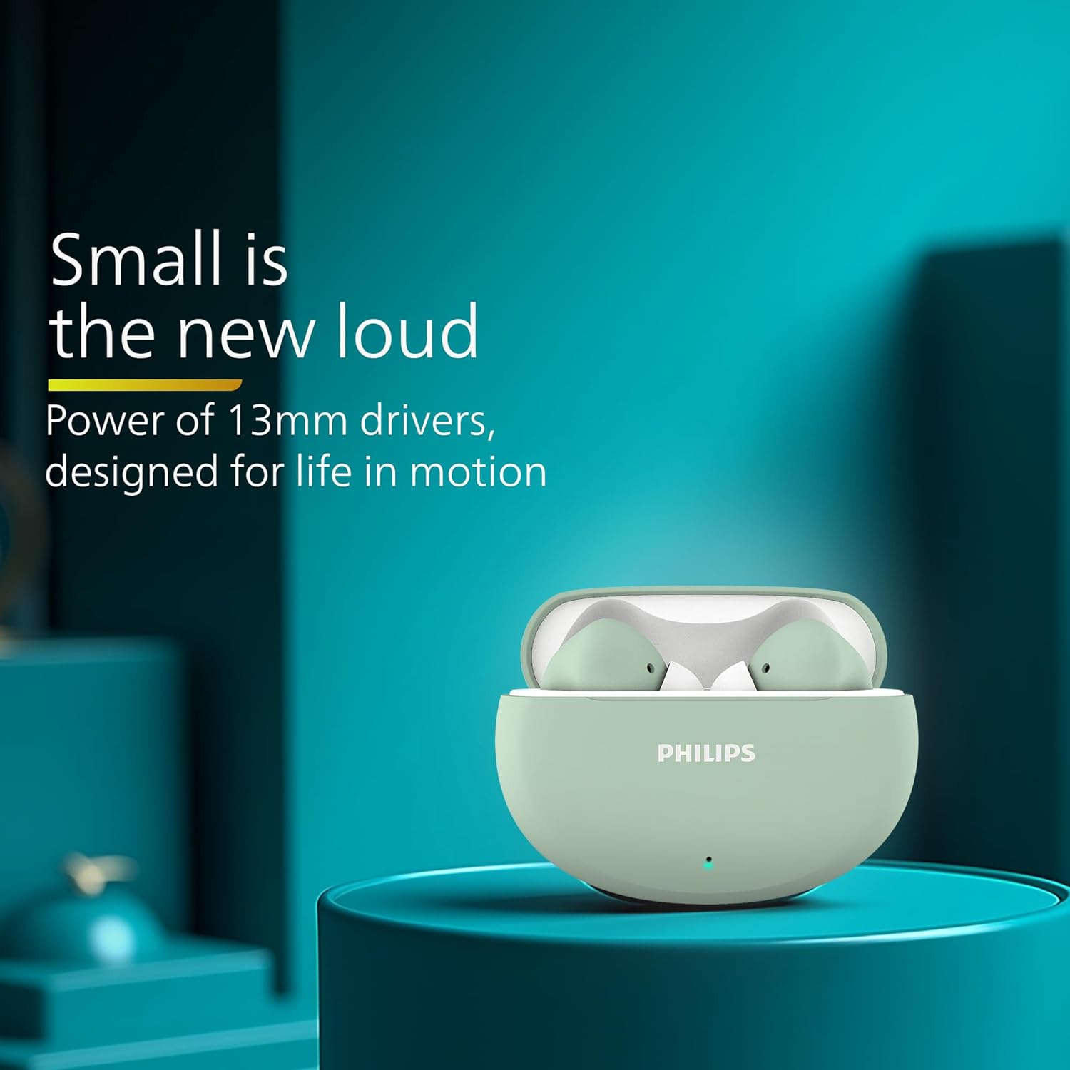 Philips TAT1269 Bluetooth Truly Wireless in Ear Earbuds with mic, 13mm Drivers, Bluetooth 5.4, 40H Playtime, IPX5, Fast Charging,Touch Controls, Voice Assistant, Mono Mode, LED Indicator(Frosty Green) - Image 2