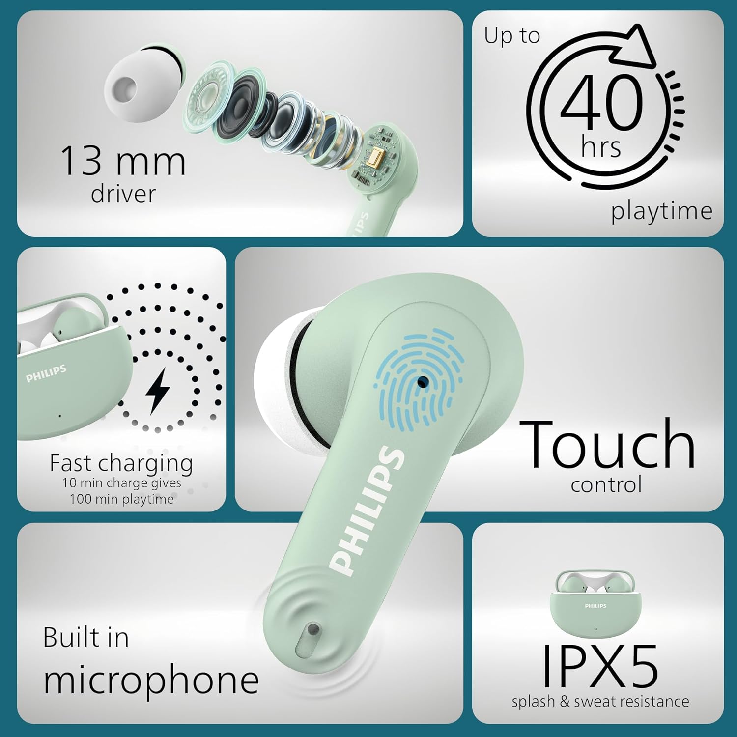 Philips TAT1269 Bluetooth Truly Wireless in Ear Earbuds with mic, 13mm Drivers, Bluetooth 5.4, 40H Playtime, IPX5, Fast Charging,Touch Controls, Voice Assistant, Mono Mode, LED Indicator(Frosty Green) - Image 3