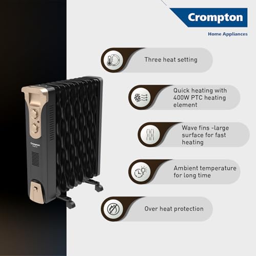 Crompton 09 Fin Insta Ferver wave Fin OFR (Oil Filled Radiator)|Room Heater|2400 W|3 Heat Settings & PTC Fan Heater|Over heat & Tilt protection |360° Heating (Black)|2yrs warranty|Black & Copper - Image 3