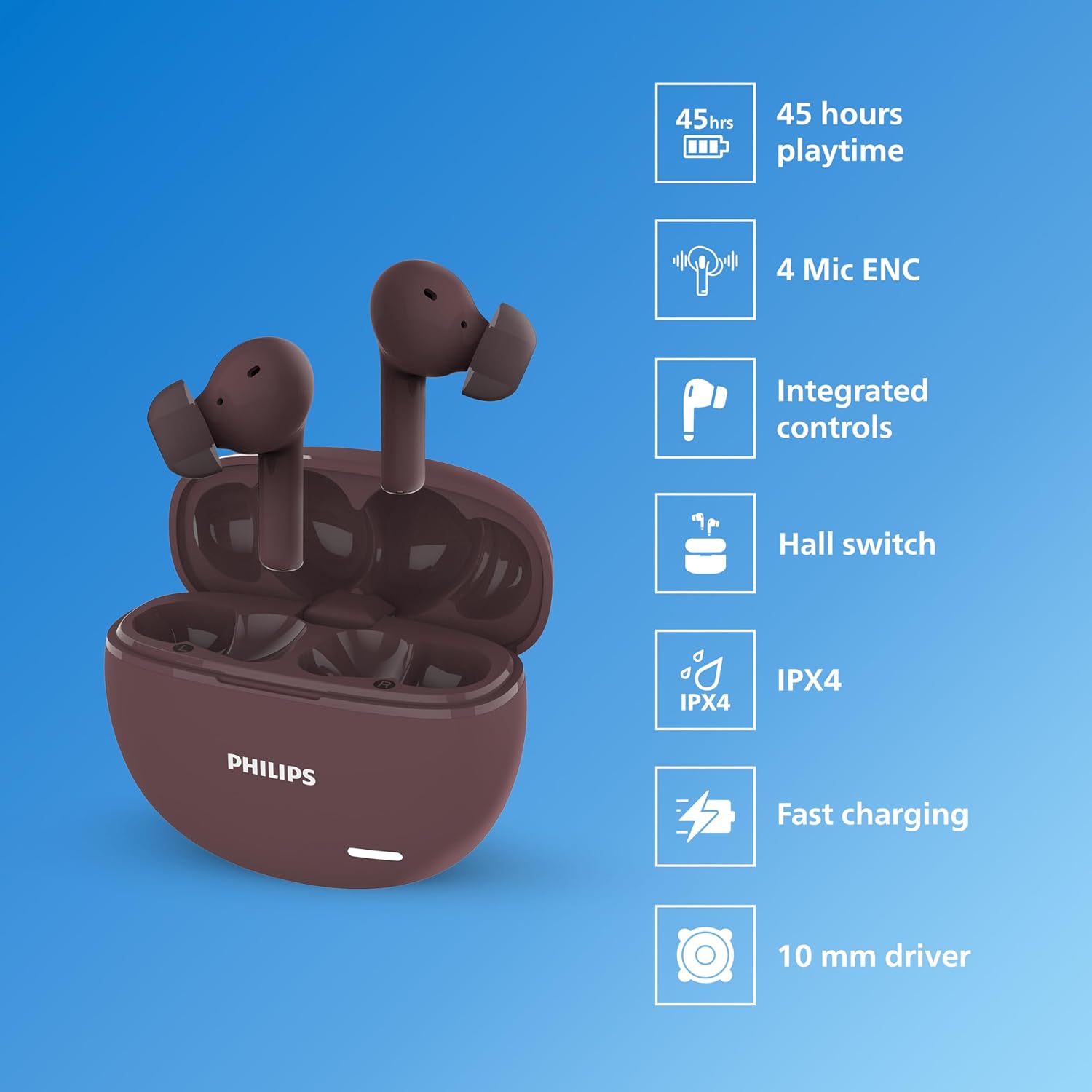 Philips Audio TAT1179RD/94 True Wireless in Ear Earbuds with Pocket Sized Charging Case, Play Time Upto 45Hrs, 10mm Dynamic Drivers, Inbuilt Mic, IPX4 Splash & Sweat Resistant (Red) - Image 2