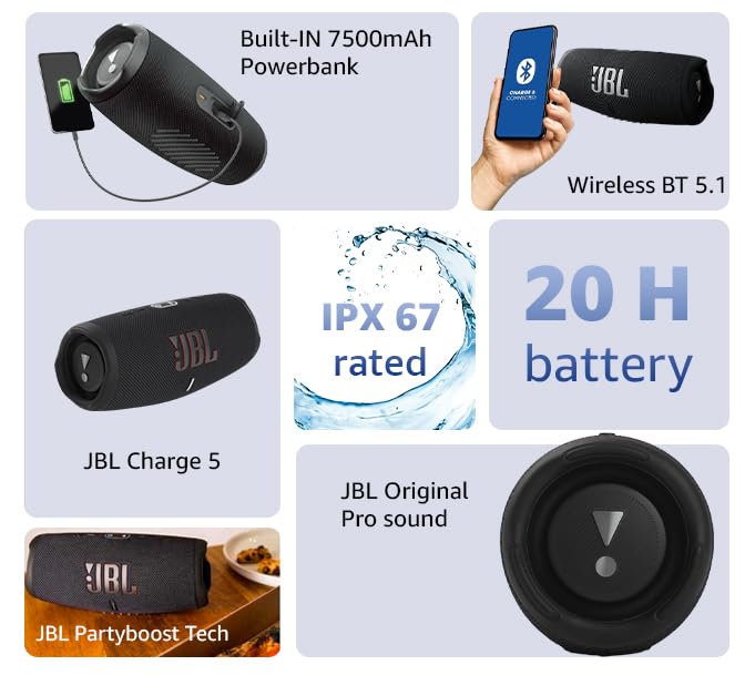 JBL Charge 5, Wireless Portable Bluetooth Speaker Pro Sound, 20 Hrs Playtime, Powerful Bass Radiators, Built-in 7500mAh Powerbank, PartyBoost, IP67 Water & Dustproof (Without Mic, Squad) - Image 3