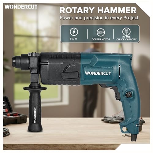 WONDERCUT 850W, WC-2-20RTB Rotary Hammer Drill 20mm, 1000RPM, Copper Armature, with BMC Box, 3 Pcs Drill Bits, 1 Metal Depth Gauge | Blue & Black - Image 3