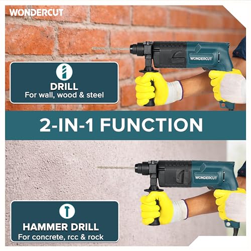 WONDERCUT 850W, WC-2-20RTB Rotary Hammer Drill 20mm, 1000RPM, Copper Armature, with BMC Box, 3 Pcs Drill Bits, 1 Metal Depth Gauge | Blue & Black - Image 6