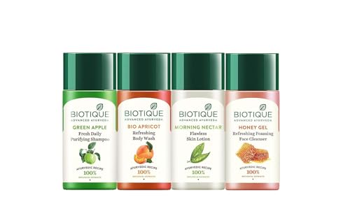Biotique Travel Kit | Includes Green Apple, Bio Apricot, Morning Nectar & Honey Gel | Mini Skincare & Haircare Essentials for Travel | Enriched with 100% Botanical Extracts