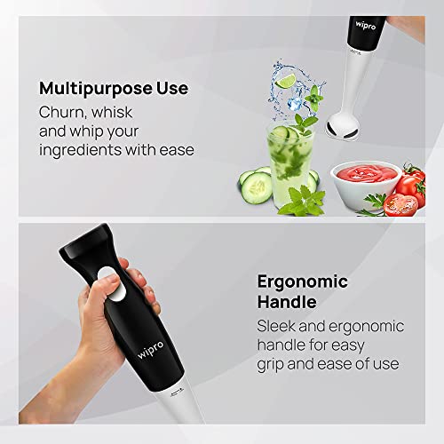 Wipro Fb101 Hand Blender 300 Watt(Plastic Stem) With Dc Motor| Low Noise & Super Fast Operation|Two In One Blade-Churn, Whip,Blend &Whisk|Sleek & Ergonomic|Hanging Hook - Black - Image 4