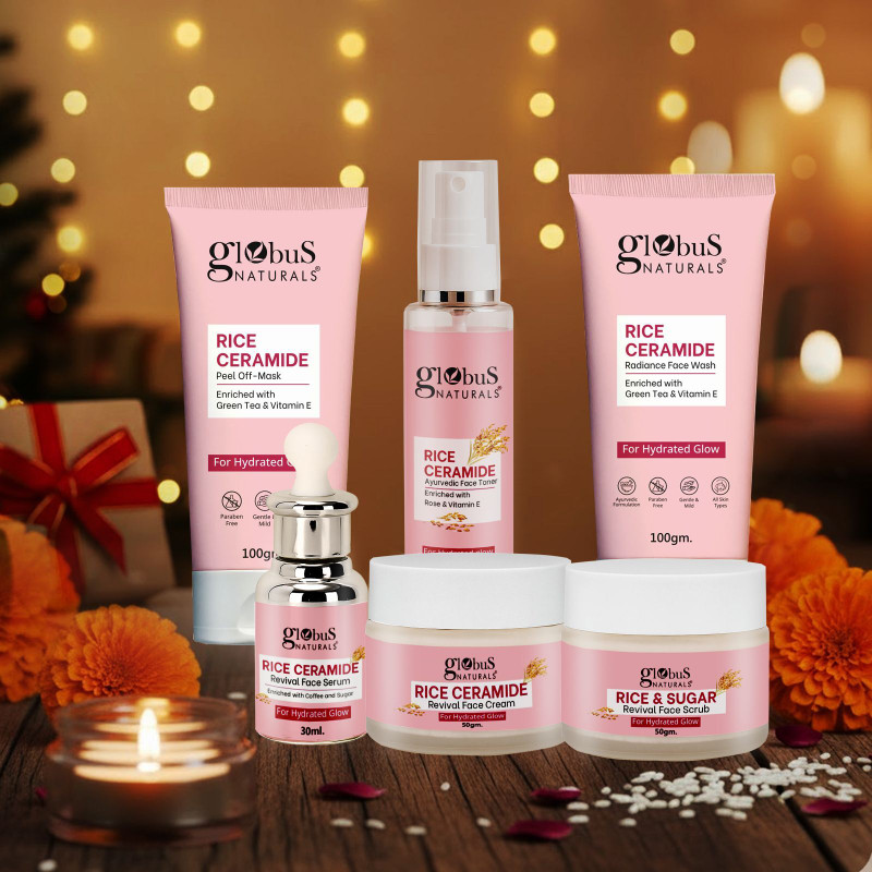 Globus Naturals Ceramide Glow Rice Radiance Combo For Korean Glass Skin Face Wash, Face Cream, Face Serum, Face Toner, Face Scrub, Peel off Mask(6 Items in the set)