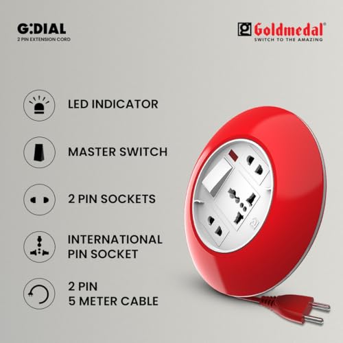 Goldmedal G-Dial 2 Pin Plug 5-Meter Extension Cord | Universal Socket & 2-Pin Sockets | Master Switch with Indicator | Ultra-Smooth Rotation | Extension Board for Home & Office |-Pack of 1 - Image 4