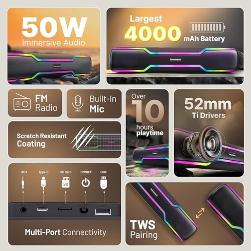 CrossBeats Blaze B50 (2026) Bluetooth 50W Soundbar Gaming RGB Light, AUX, BT, SD Card, USB &FM, 8 Hrs Playtime Fast Charge Sound bar smart tv with Built-in mic, Speaker for Mobile, PC, Laptop - Black - Image 3