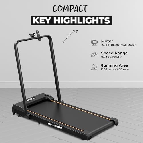 Durafit91 Compact 2.5HP Peak BLDC Motor Treadmill with Mobile Stand & Remote Control | 120 kg User Capacity | 6 km/h Max Speed | LED Display with Foldable Under-Desk Design | Home Use - Image 3