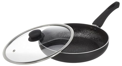 Amazon Brand - Solimo Aluminium Non Stick Frying Pan with Glass Lid - 27 cms, 2.3 litres | 3 mm Thickness | 100% PFOA, Lead, and Cadmium and Toxin-Free | Induction and Gas Stove Friendly (Black)