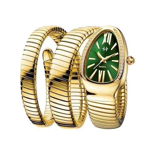 Serpentine Snake Watch For Woman with Spiral Bracelet, Roman Number Green Dial Watch For Woman With Quartz, Stylish Analog Waterproof Serpenti Watches Women, Luxury Metal Bezel Golden Watches For Women