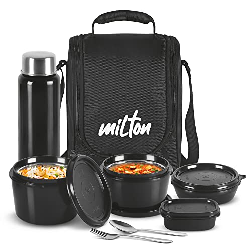 MILTON Pro Lunch Box with Steel Cutlery, 3 Microwave Safe Inner Steel Containers (180ml, 320ml, 450ml) Plastic Chutney Dabba 100ml, Bottle 750ml with Insulated Bag, Office Tiffin, Black