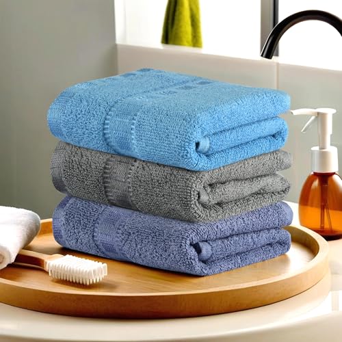 Urbane Home Pack of 3 Cotton Hand/Face Towels for Men & Women | Easily Washable | Workout Gym Napkins for Men | Pocket Towel - Dark Blue-Grey & Sky Blue