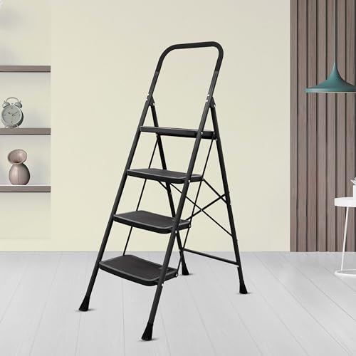 Plantex Premium Foldable Ladder for Home Use – Durable Alloy Steel ladder/4-Step Ladder for Safe and Easy Access (Black & Grey)