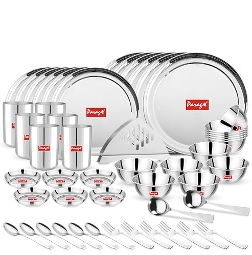 Parage 51 Pieces Heavy Gauge Sanskriti Dinner Set/Premium Dinnerware for Home/Steel Bartan Set for Kitchen, Silver (Serves 6 People),Solid