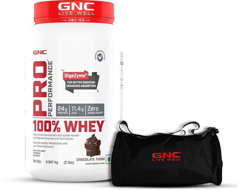 GNC Pro Performance 100% Whey Protein Powder & Gym bag Whey Protein(2 pounds, Chocolate Fudge)