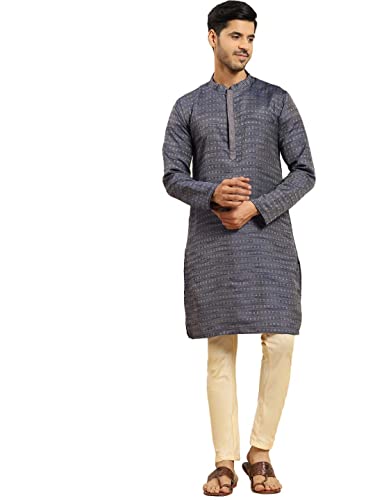 Men's Black Art Silk Regular Fit Ethnic Motifs Kurta | Indian Kurta | Festive Ethnic Kurta with Embroidered Packet