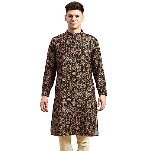 Men's Black Art Silk Regular Fit Ethnic Motifs Kurta | Indian Kurta | Festive Ethnic Kurta with Embroidered Packet