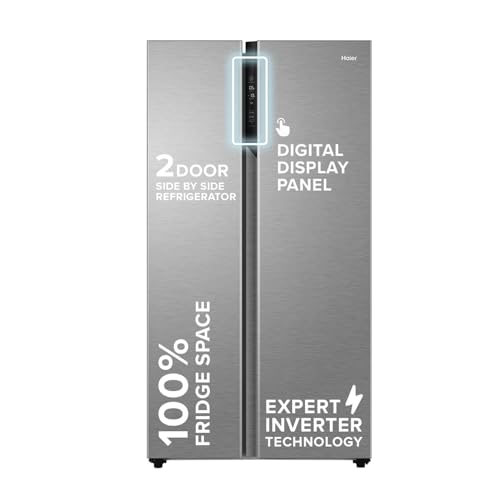Haier 596L 3Star 2 Door Side by Side Frost Free Refrigerator|100% Convertible|Expert Inverter|Digital Display Panel|Twist Ice Tray|Deo Fresh Technology (HES-690SS, Shiny Silver)