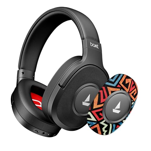 Boat Rockerz Plus 550, Customizable Earcups, 100H Battery, 50mm Drivers, Dual Pair, Stream Ad Free Music via App Support, Bluetooth Headphones, Wireless Headphone with Mic (Black Psyche)