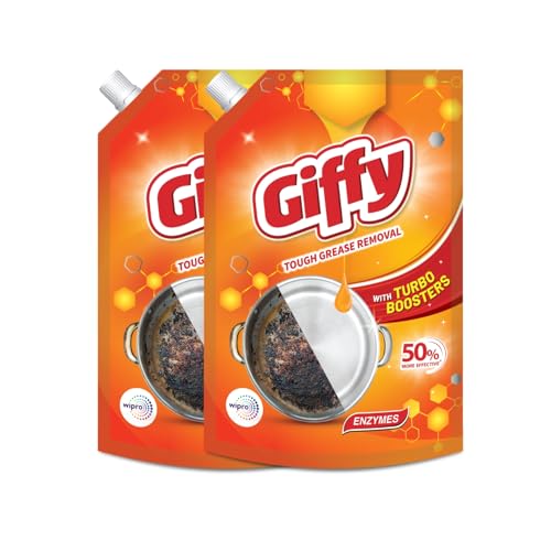Giffy Liquid Dishwash Gel 900ml (Pack of 2) | Enzymes | 50% More Effective | Tough Grease Removal Expert | Turbo Boosters | Mild fragrance | Removes Tough Malodour | Hand-Safe
