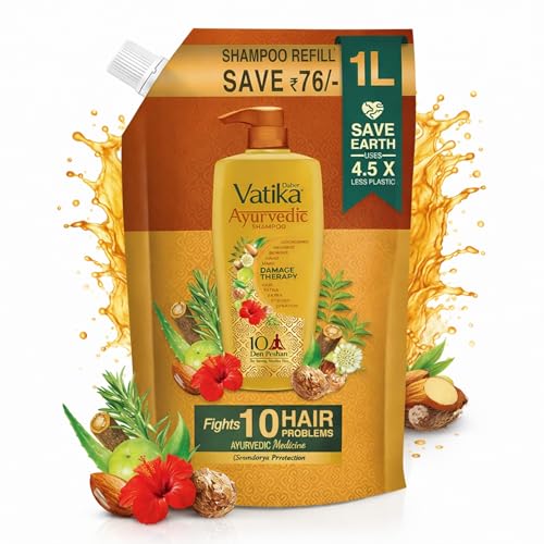 Dabur Vatika Ayurvedic Shampoo Refill Pouch - 1 L | Damage Therapy | Power of 10 Ingredients for Solving 10 Hair Problems | No Parabens | For All Hair Types