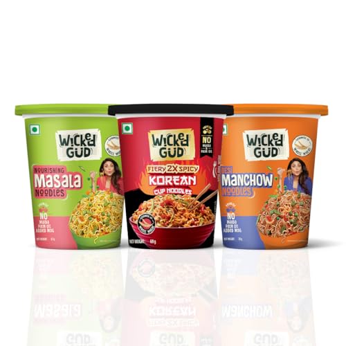WickedGud Cup Noodles Variety Pack | Fiery Korean, Masala & Manchow Flavours | High Protein & Fiber | No Maida | 67 g, 69 g & 70 g Cups (Pack of 3)