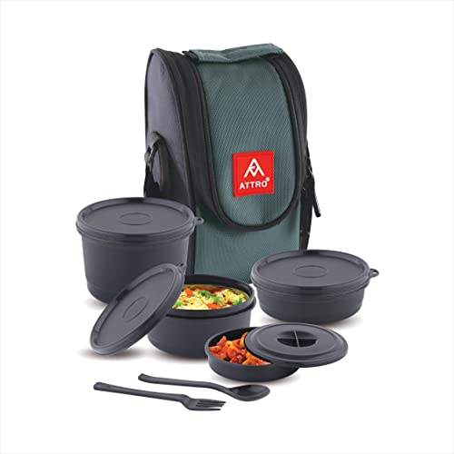 Attro Micron Stainless Steel Double Wall Lunch Box, Airtight & Leak Proof - 4 Containers with Bag, Fork & Spoon for Office Use, School, Picnic 1040 ml - Grey