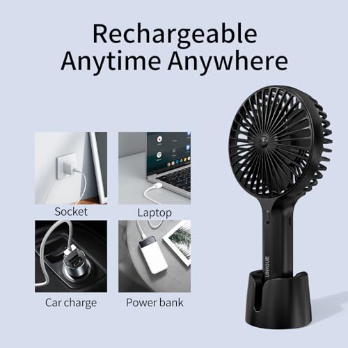 UN1QUE X3 Mini Portable Fan - Powerful Brushless Motor Fan with Large Blades, 3-Speeds, Noise-Canceling Design, Detachable, USB Rechargeable Fan with Base (Black) - Image 5